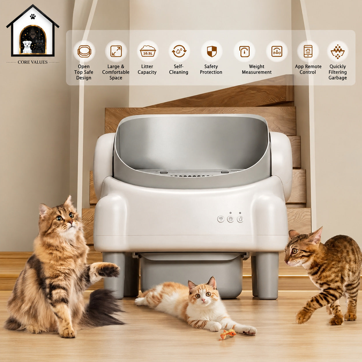 Smart Pet Toilet Litter Box Quiet Eco-Friendly Easy Clean Auto Clean APP Controlled Open Top Modern Style Plastic ABS All Cats