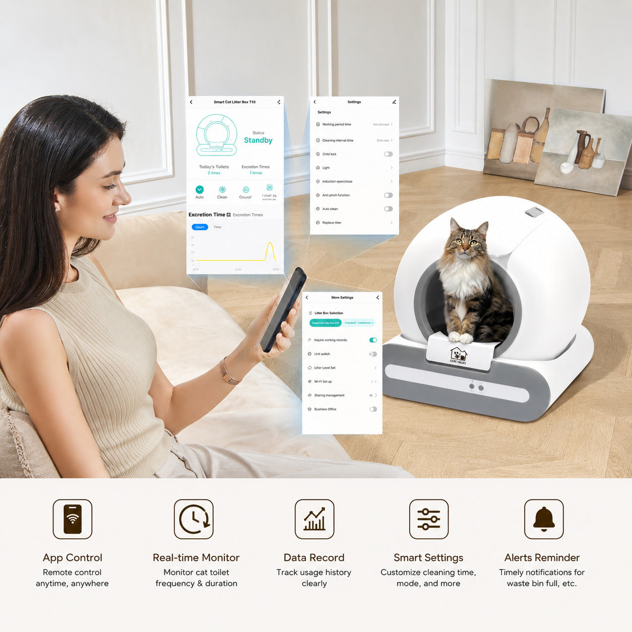 DOEL 65L Self-Cleaning Cat Litter Box App Control, ONLY Supports 2.4G WiFi w/Litter Mat&Trash Bags, Fit for Tofu & Mixed Litter