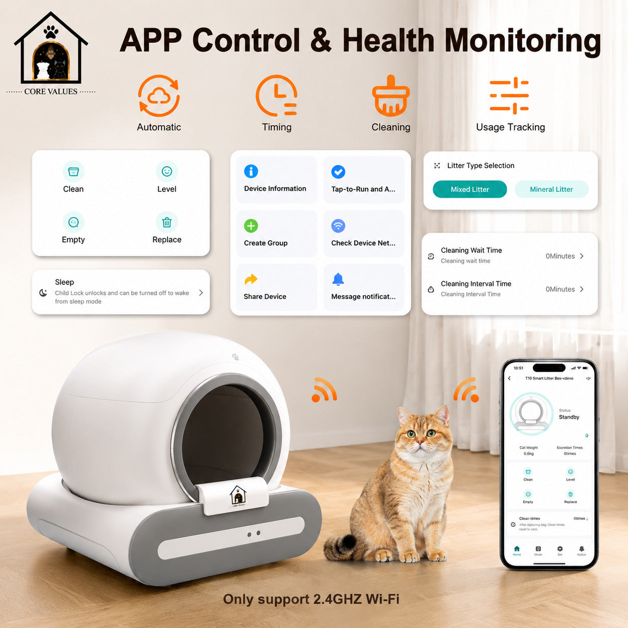 DOEL 65L Self-Cleaning Cat Litter Box App Control, ONLY Supports 2.4G WiFi w/Litter Mat&Trash Bags, Fit for Tofu & Mixed Litter
